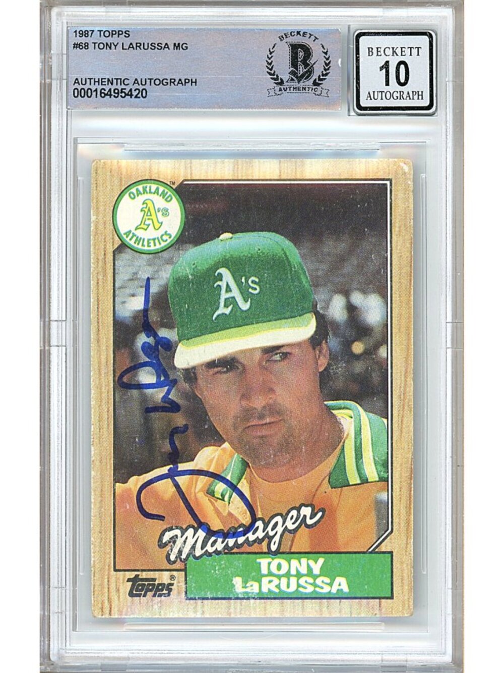 Tony La Russa Signed 1987 Topps #68 Oakland Athletics HOF BAS Slab BGS Auto 10